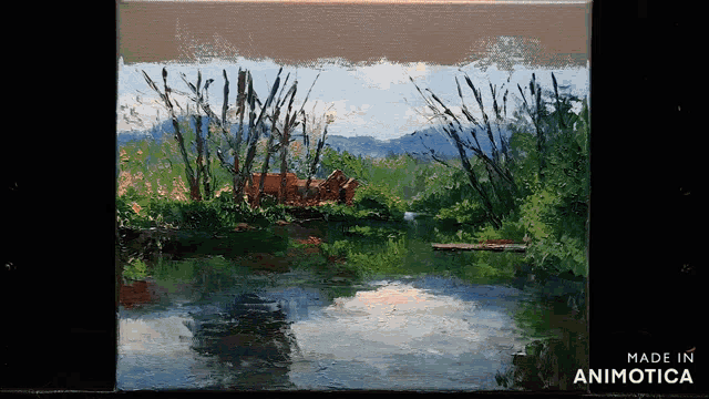a painting of a river with mountains in the background is made in animatica