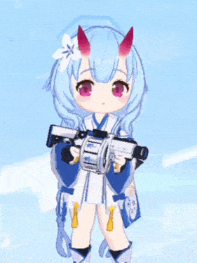 a girl with blue hair and horns is holding a gun