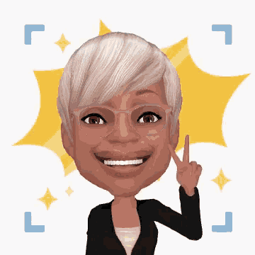 a cartoon woman wearing glasses and a black jacket is pointing up