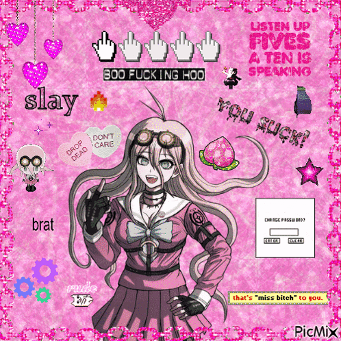 a picture of a girl with the words listen up fives a ten is speaking on the bottom