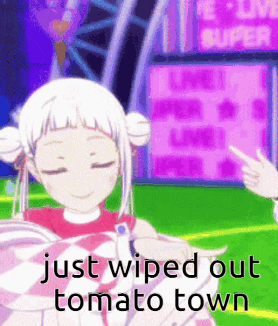 a picture of a girl with the words just wiped out tomato town on it .