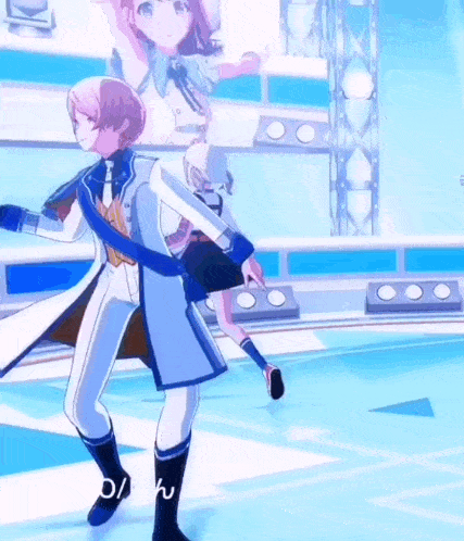 a man in a white coat is dancing with a girl in a pink dress behind him