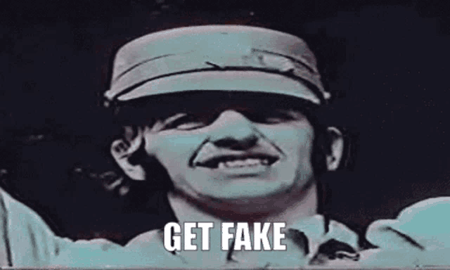 a man is wearing a hat and smiling with the words `` get fake '' written on his face .