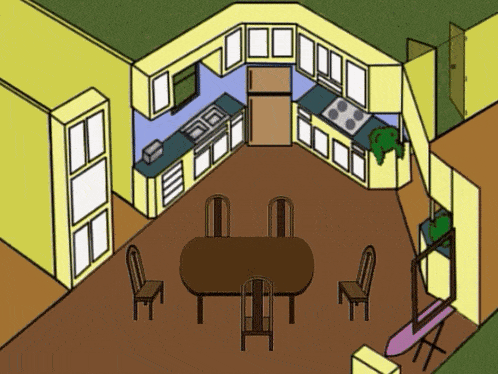 an isometric drawing of a kitchen with a dining table and chairs