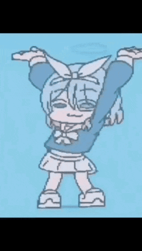 a girl in a blue jacket and white skirt is dancing with her arms in the air .