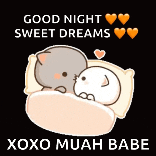 a cartoon of two cats laying in a bed with the words good night sweet dreams xoxo muah babe
