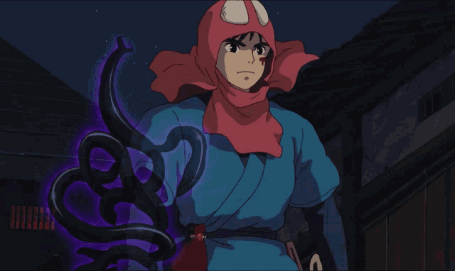 a cartoon character with a red scarf around his head holding a purple object