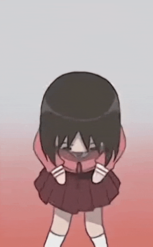 a cartoon girl is covering her face with her hands while standing on a red surface .