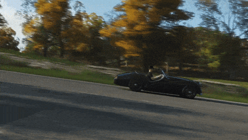 a man is driving a black sports car down a road