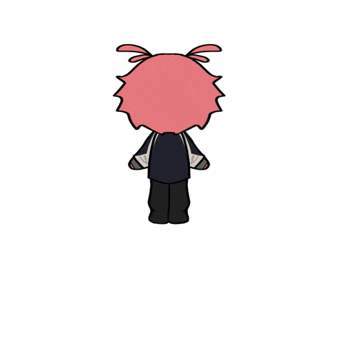 a drawing of a person with pink hair and black pants
