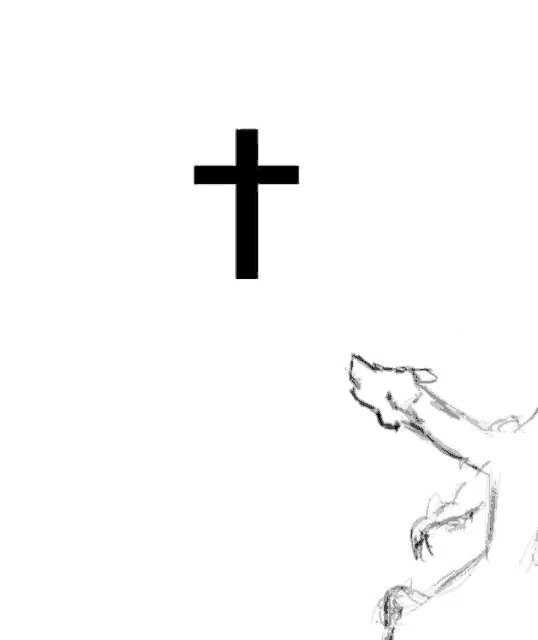 a black and white drawing of a cross and a wolf