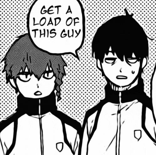 two anime characters are standing next to each other and one of them is saying get a load of this guy
