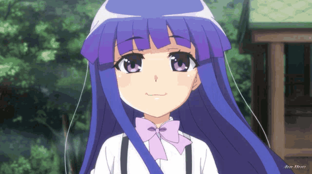 a close up of a girl with purple hair and a bow tie