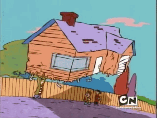 a cartoon house with a purple roof and a cartoon network logo on the bottom