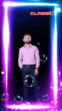 a man stands in front of a neon frame that says classic on it