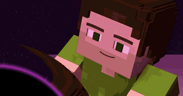 a cartoon character with a purple background and a green shirt
