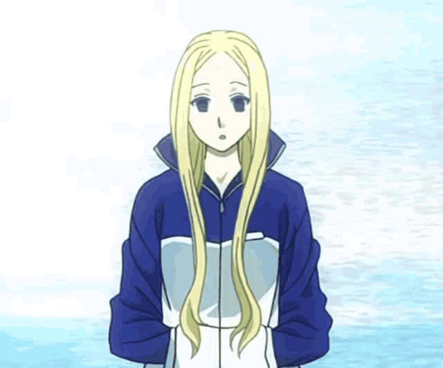 a girl with blonde hair is wearing a blue and white jacket