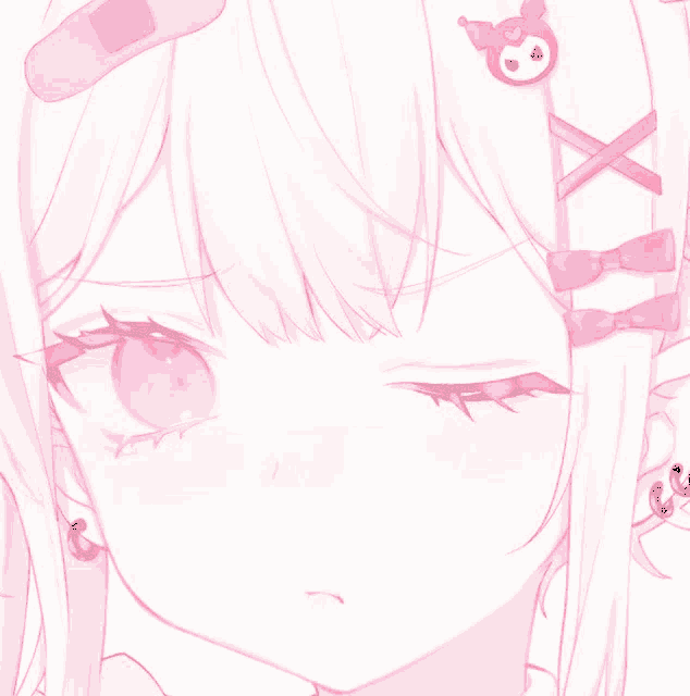 a close up of a pink anime girl with a bandage on her hair