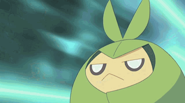a green cartoon character with a leaf on its head looks angry