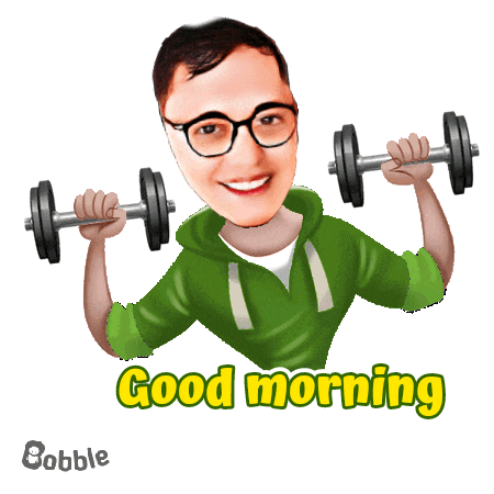 a cartoon of a man lifting dumbbells with the words " good morning " above him