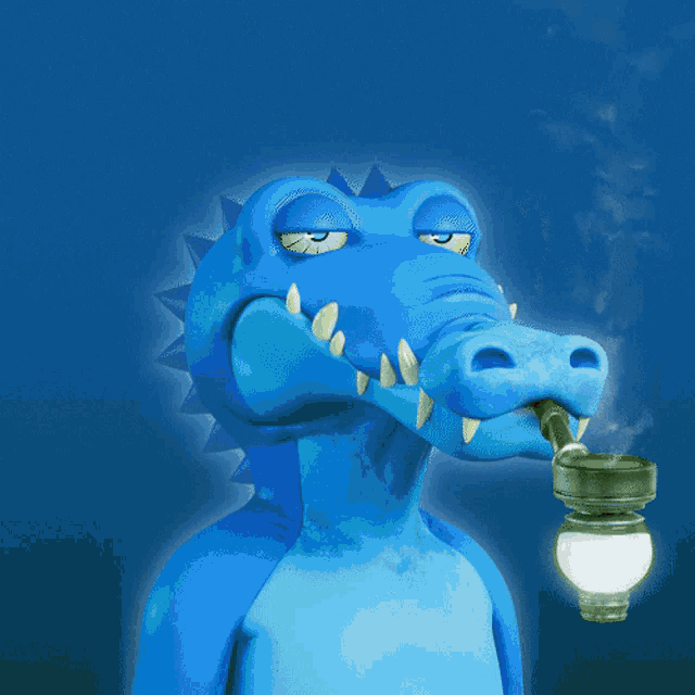 a blue crocodile with red eyes is smoking a pipe