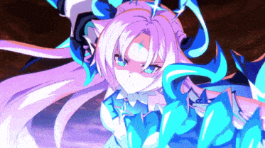 a girl with purple hair and blue eyes is surrounded by a purple and blue background