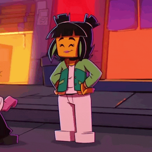 a lego girl is standing on a sidewalk with her hands on her hips .