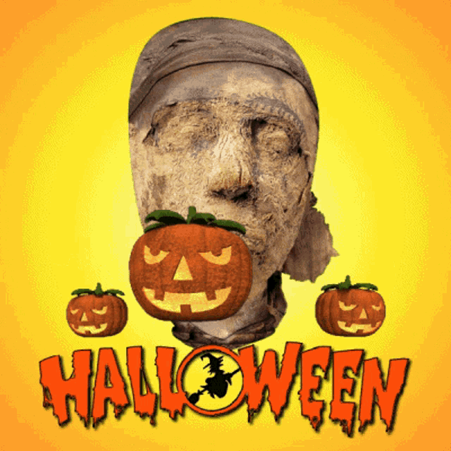 a poster for halloween with a mummy holding a pumpkin in his mouth