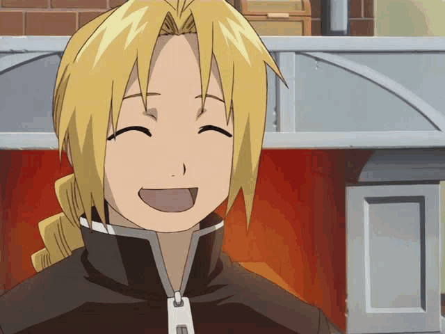 edward elric from fullmetal alchemist is smiling with his mouth open
