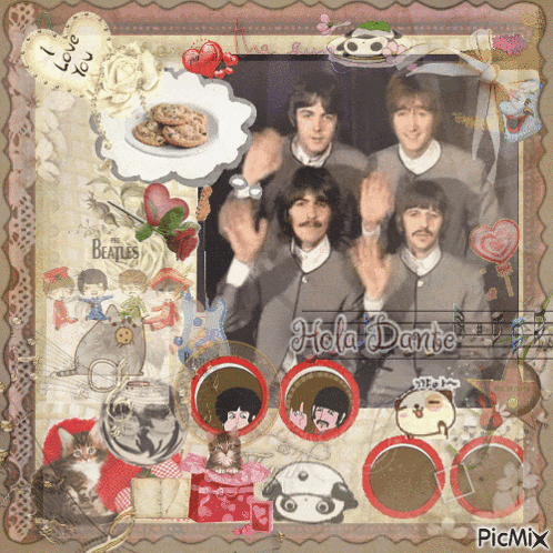 a picture of the beatles with the words hola dante written on the bottom