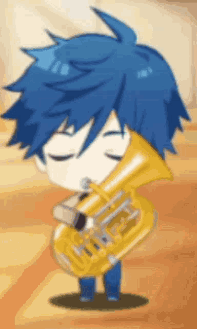 a cartoon character with blue hair is playing a tuba .