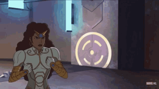 a woman in a superhero costume is standing in front of a wall with a target on it that says marvel hq