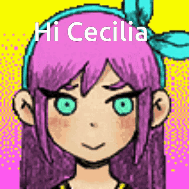a pixel art drawing of a girl with purple hair and green eyes with the words hi cecilia above her