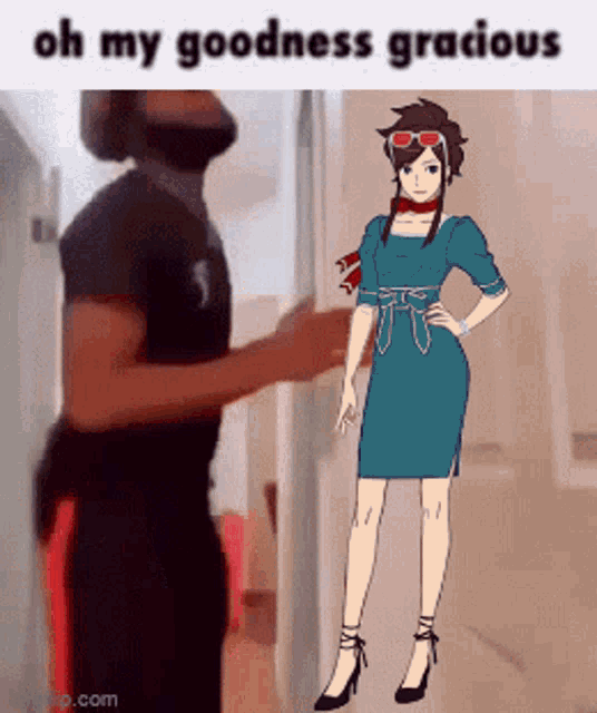 a cartoon of a woman in a blue dress standing next to a man .