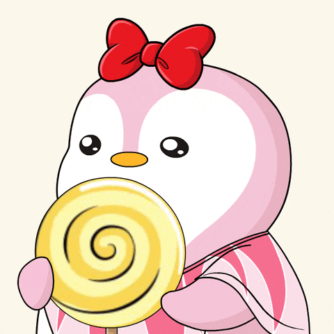 a pink penguin with a red bow on its head is holding a yellow lollipop