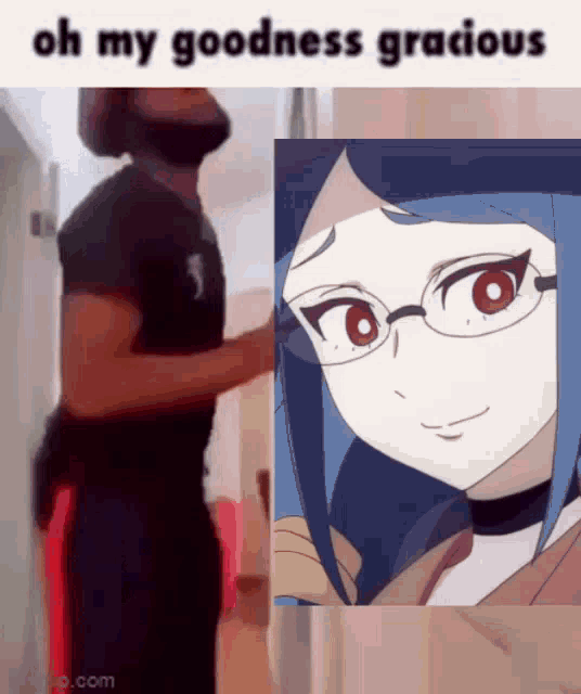 a man with a beard is standing next to a picture of a girl with glasses