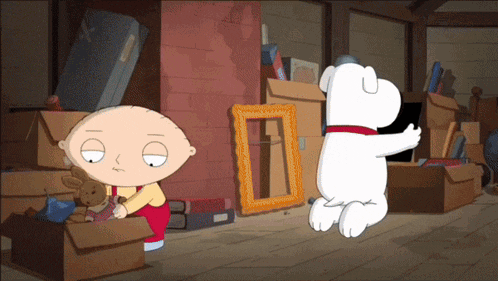 a cartoon character named stewie griffin is standing next to a picture frame