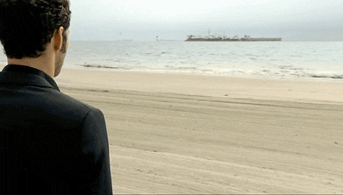 a man in a suit stands on a sandy beach looking out to the ocean