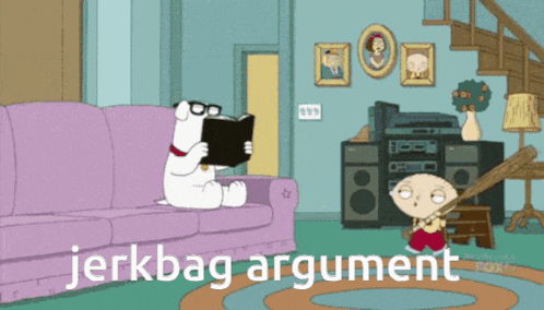 a cartoon shows griffin reading a book and stewie swinging a bat