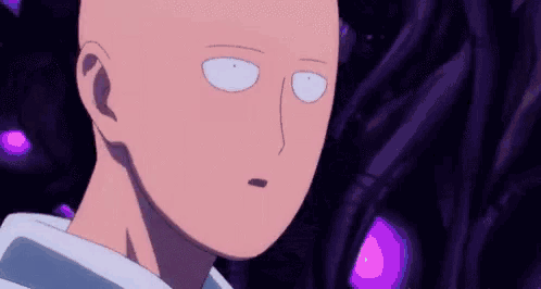 a close up of a bald man 's face in a cartoon with purple lights in the background .