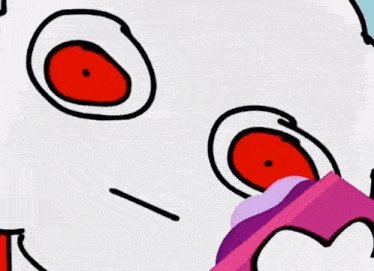 a cartoon character with red eyes and a pink heart