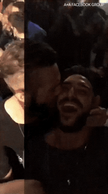a group of men are laughing and kissing in a crowd with the words a + a facebook group written on the bottom