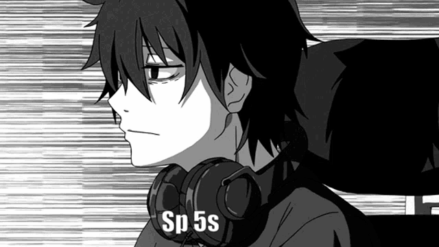 a black and white drawing of a boy wearing headphones with the words sp 5s written on them