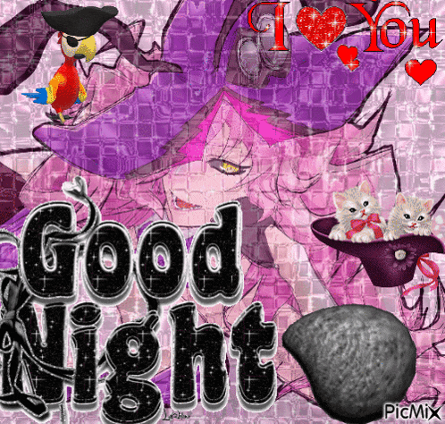 a picture of a witch with a pirate hat and kittens says good night