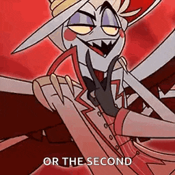 a cartoon character with a hat and tie is holding a knife and saying or the second .