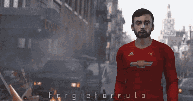 a man wearing a red shirt with the word fergie formula on it