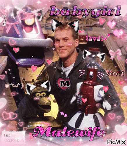 a picture of a man with a puppet and a robot with the caption babygirl matewife