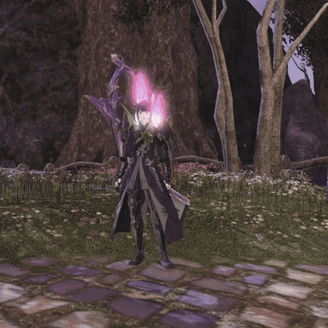 a person in a purple costume is standing in a field of flowers