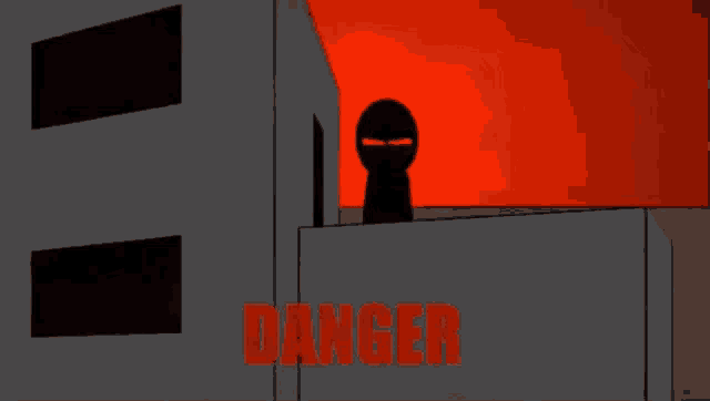 a cartoon drawing of a man standing on top of a building with the word danger in red letters
