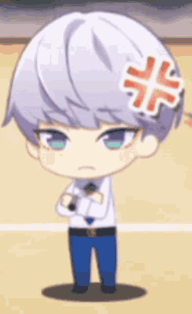 a chibi boy with a sticker on his head is standing with his arms crossed and looking angry .